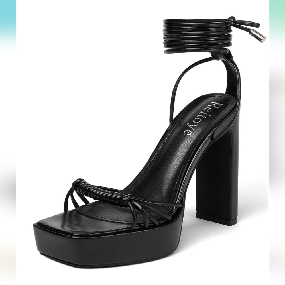 Raixve Black Platform Block Heel Sandal with Ankle Wrap